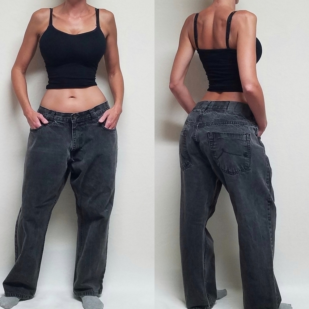 VINTAGE 90s Rocawear Original Fit Black Distressed Plus Size Straight Leg Jeans